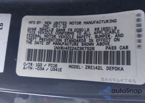 2010 Toyota Corolla Le from USA, damaged, VIN 1NXBU4EE2AZ367528